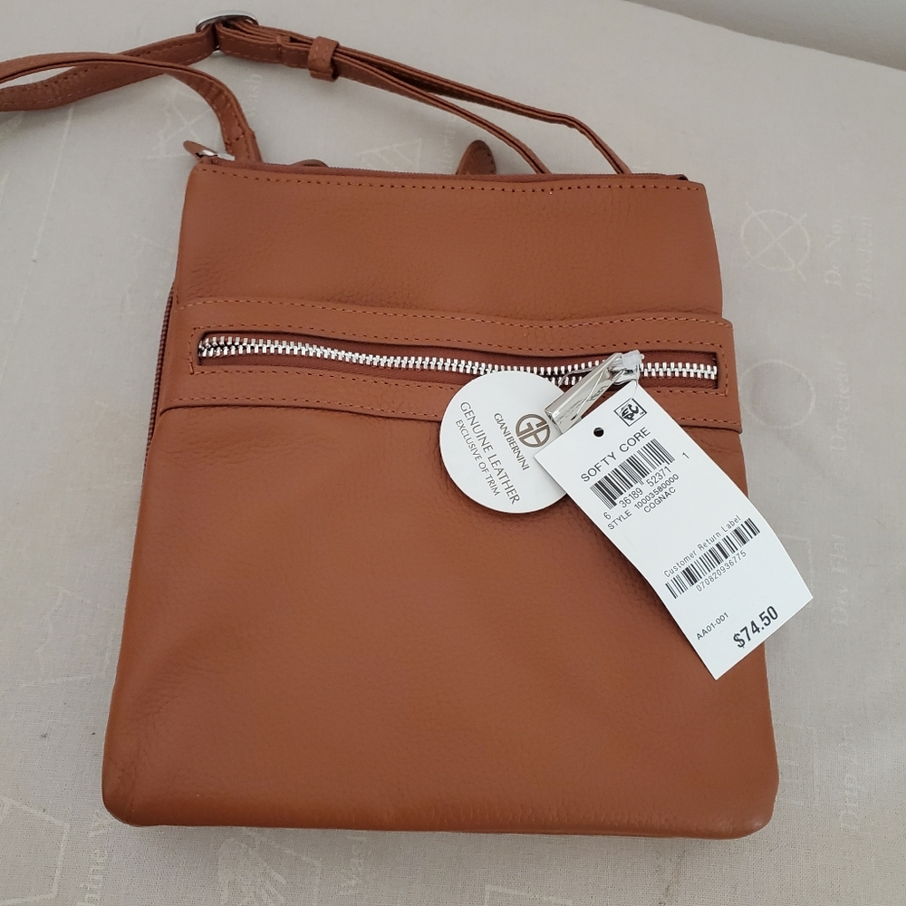 Giana Bernini Triple Zip Leather Dasher Crossbody~ Cognac NWT